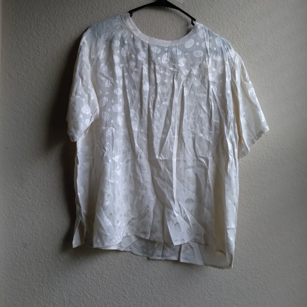 Vintage Silkland Sport 100% Silk Spiral and Polka Dot Print Cream Semi Sheer Top